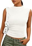 PRETTYGARDEN Sleeveless Tops for Women Ribbed Mock Neck Tank Top Slim Fitted Ruched Basic Layering Shirts 2026 Summer Clothes (White,Small)
