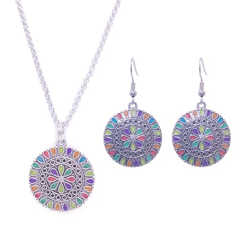ZARZAMORA Conjunto a Juego -Pendientes y Colgante Bohemios Vintage Plata Tibetana Acabado Antiguo y Cadena de acero Inoxidable -Colgantes Mujer Esmaltados Redondos Étnico-Hippie-Regalo Original
