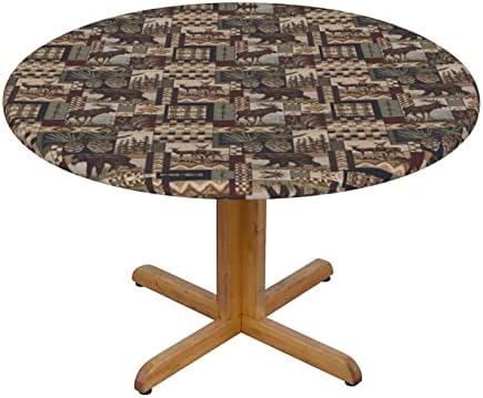 CELUCE Rustic Lodge Bear Printed Round Tablecloth Elastic Edge Design Wrinkle-Proof and Oil-Proof Washable Suitable for 40-50 Inch Round Table