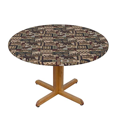 Celuce Rustic Lodge Bear Printed Round Tablecloth Elastic Edge Design Wrinkle-Proof And Oil-Proof Washable Suitable For 40-50 Inch Round Table #TOP27
