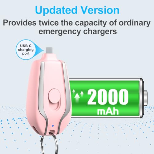 EMNT Keychain Portable Charger for USB C, 2000mAh Mini Power Emergency Pod,Small Andriod Cell Phone Charger,Type C Power Bank Battery Pack Pink