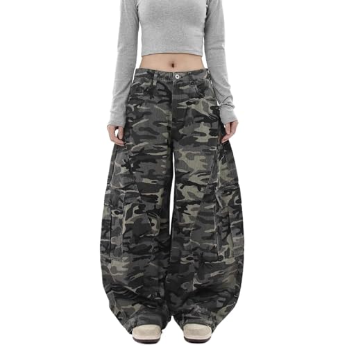 High Waist Wide Leg Camo Cargo Pants Multi Pockets Y2K Baggy Fit Streetwear Casual Trendy Loose Trousers