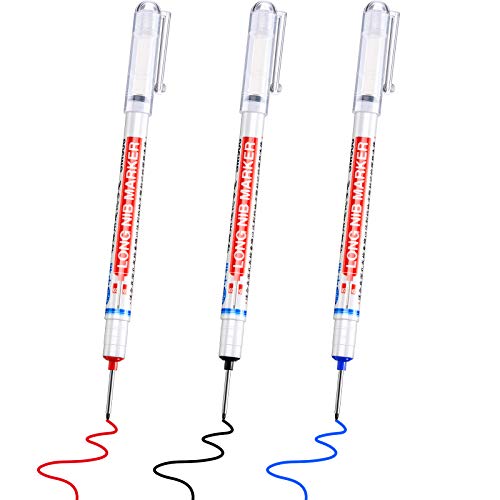 Zonon 3 Pack Deep Hole Marker Pens 20mm Long Nib Carpenter Marker Waterproof Quick-dry Drill Hole Reach Markers for Metal Fabrication Woodworking Machinists and Tile (Red Black Blue)(3 Pieces)