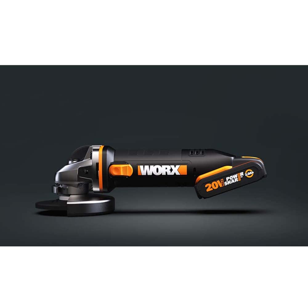 Worx WX800 Amoladora Angular 115mm 20V 8.000rpm 2 Baterías | Disc. 115mm, husillo M14, disco desbaste metal, cargador 1h, 2 baterías 2Ah, maletín