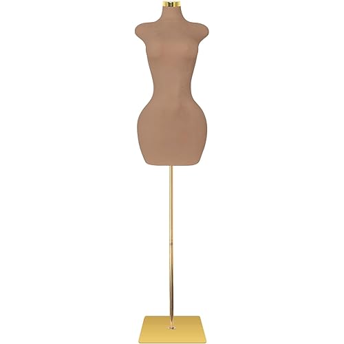 SHAREWIN Sexy Female Mannequin, Pinnable Manikin Body Torso with Gold Metal Base, 60"-78" Adjustable Height for Clothing Display, Brown
