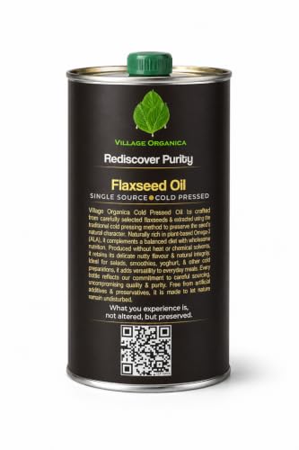 Image of Village-Organica Cold Pressed Flaxseed (Alsi) Oil | 1000 ml | Family Value Pack | Cold Pressed Linseed Oil | Omega-3 Powerhouse in Food-Grade Tin Can
