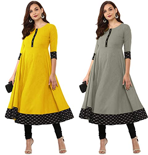 Image of NATEK Plain Cotton Readymade Anarkali Top Dress for Ladies Women - Combo Set of 2 Yellow, Grey Color XX-Large Size