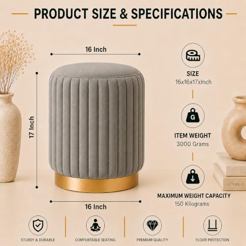 Image of Designer Velvet Round Footstool Ottoman with Sturdy Gold Metal Band Base for Home Decor & Extra Seating, Lightweight Pouf Stool for Sofa Side & Bedroom, 16x16x17 Inch (Grey)