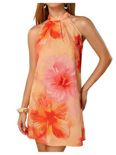 Image of Floerns Women's Sleeveless Floral Print Sundress Halter Neck A Line Short Dress