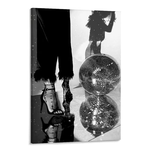 Black And White Disco Ball Poster Funky Retro Disco Posters Vintage Disco Ball Painting Trendy Party Wall Art for Modern Bar Dorm Bedroom Decor Frame-style 20x30inch(50x75cm)
