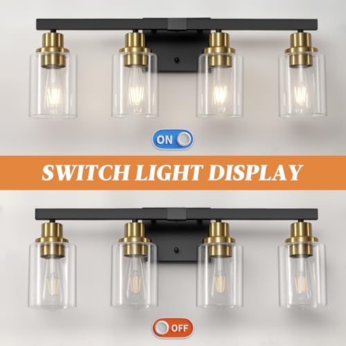 Image of Bathroom Vanity Light, 4-Light Black and Gold Bathroom Light Fixtures with Clear Glass Shade, Bathroom Lighting Fixtures Over Mirror,Bath Black Wall Lights for Mirror Bedroom,Living Room