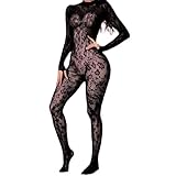 CZSABXY Womens Fishnet Bodysuit Lingerie Lace Leopard Jumpsuit Mesh Bodystocking Rave Outfits For Women(Black)