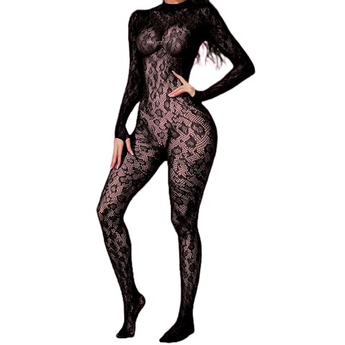 CZSABXY Womens Fishnet Bodysuit Lingerie Lace Leopard Jumpsuit Mesh Bodystocking Rave Outfits for Women (Black)