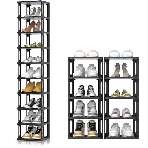 Tall Shoe Rack Front Door Entrance, Free Standing Narrow Shoe Rack Organizer for Entryway, Vertical Stackable Shoe Shelf for Closet Dedroom Dorm Garage, Black Shoe Tower for Small Spaces (10 Tiers)