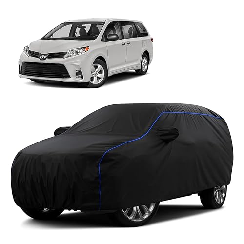Image of Sulfar 100% Water Resistant Car Body Cover Compatible with Mirror for Toyota Sienna (Triple Stitched, Full Bottom Elastic, Black Tafetta with Blue Piping)