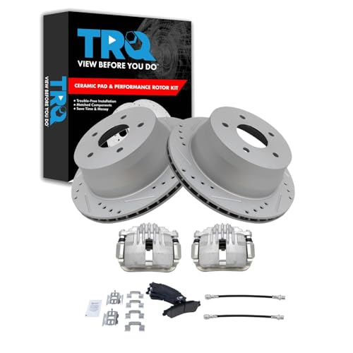 Image of TRQ Rear Brake Pad & Rotor Kit Slotted X Drilled Performance Ceramic Premium G-Coated Rear Compatible with 1998-2003 Chevrolet S10 Pickup 1998-2003 GMC S-15 Sonoma