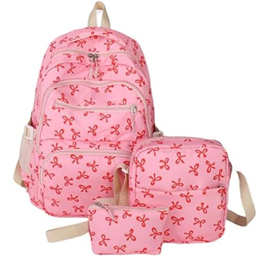 3pcs Bow Backpack Bags Set,Cute Kawaii Backpack Set Aesthetic Daypack Bow Rucksack with Built-in Organizer， (rose red)