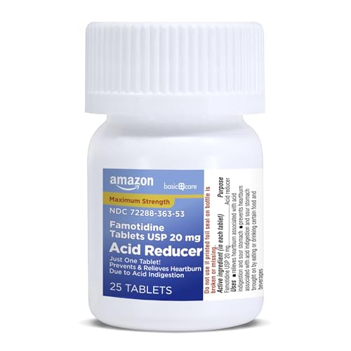 Image of Amazon Basic Care Maximum Strength Famotidine Tablets 20 mg, Acid Reducer for Heartburn Relief, 25 Count (Packaging May Vary) (Pack of 4)