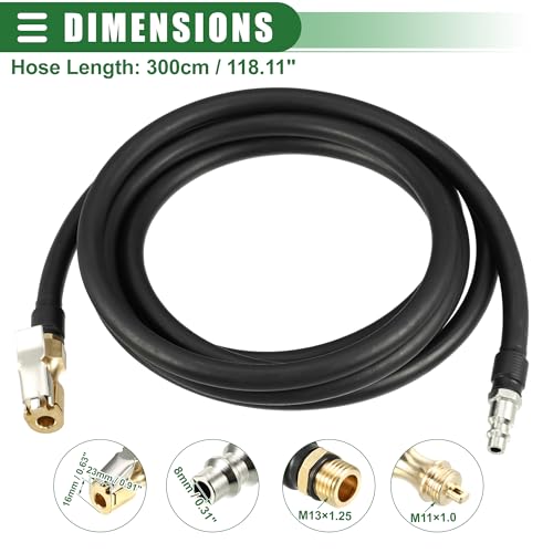 Image of Motoforti Universal Inflator Air Pump Hose Adapter Tyre Valve Inflator Hose with Lock on Air Chuck, 300cm Hose Length, Close, Copper Steel Rubber, Black
