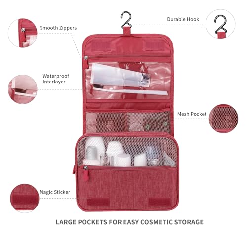 Image of Lcsmaokin Large Capacity Toiletry Bag Travel Bag with Hanging Hook for Men and Women Waterproof Travel Cosmetic Bag Bathroom Storage Bag for Brushes Set, Full-Sized Shampoo, Toiletries, Wine Red