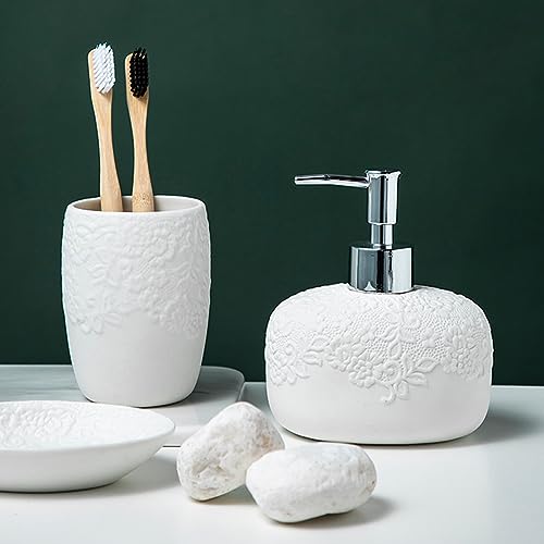 Elegante juego de dispensador de jabón de cerámica blanca, accesorios de baño con soporte para cepillo de dientes, jabonera y taza, perfecto para apartamentos y hoteles, decoración elegante del hogar