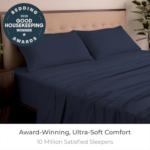 Image of Mellanni King Sheets Set - 4 PC Iconic Collection Bedding | Hotel Luxury, Extra Soft, Cooling Bed Sheets - Wrinkle, Fade, Stain Resistant (King, Navy Blue)