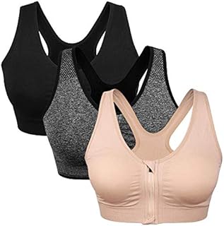 Women's Zip Front Sports Bra Wireless Post-Surgery Bra Active Yoga Sports Bras Mastectomy Bras for Women (Large, 3 Pack(Black+Grey+Flesh))