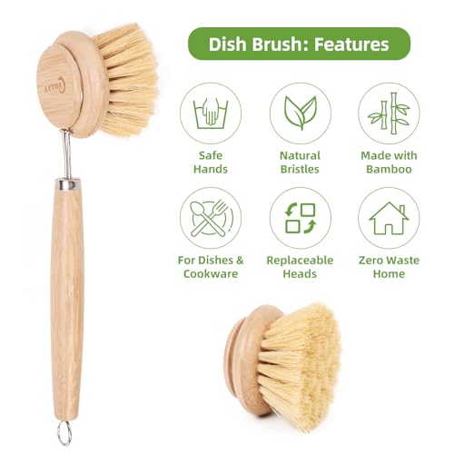Image of Bamboo Scrub Brush with Handle - Soft Bristles, Non Toxic Dish Brush, Compostable & Biodegradable, Bamboo Dish Scrubber for Cookware, Bowls and Plates, Non-Stick Pans