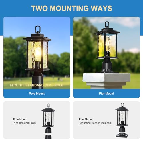 Aluminum Outdoor Post Light for Garden Lawn Backyard Pathway Entryway, Pier Mount Outdoor Lighting, Waterproof Outside Lamp Post Lights, Black Outdoor Pole Light Pillar Lantern with Glass