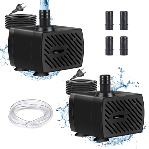 2 Pièces Réglable Mini Pompe a Eau, (350 L/H, 5 W)Pompe Aquarium, Ultra-Silencieux Pompe à Eau Submersible, Pompe Fontaine avec 2 Buses, Pompe Fontaine Exterieur pour Aquarium étang Fontaines