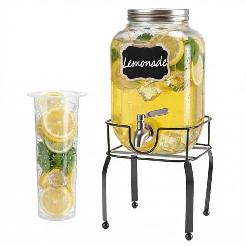 Image of 1 Gallon Glass Drink Dispensers For Parties,Beverage Dispenser with Stand,304 Stainless Steel Spigot Leakproof,Lemonade Dispenser for Sun Tea, Homemade Juice