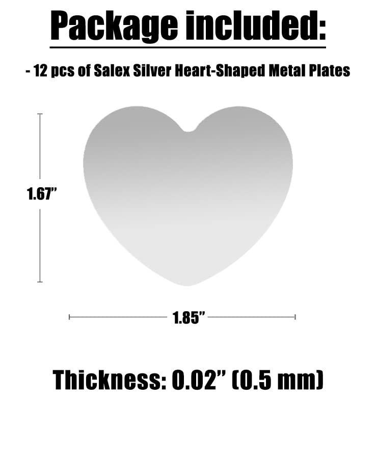 Image of SALEX Metal Plates for Magnetic Mount, Wall & Air Vent Phone Holder, Case, Magnet, Craft. Kit of 12 Silver Heart Iron Discs Without Holes. 3M Adhesive Backing. Steel Stickers Replacement Set 12 Pack.