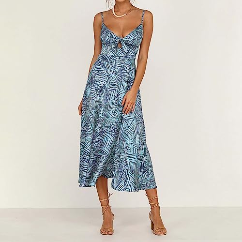 Image of Fashionme Women Spaghetti Strap Midi Satin Dresses Tie Front Backless Slit Cutout Dress Semi-Formal /Casual Flowy Lightweight