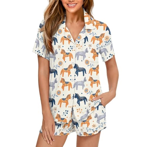 Image of Pjs Womens Short Sleeve Button Down Pajamas Set Two-Piece Nightwear with Pockets