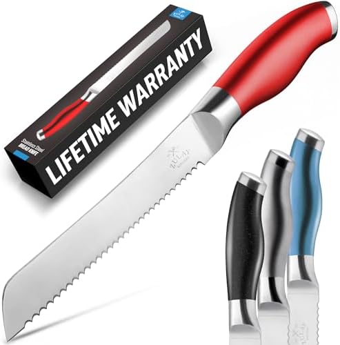 Zulay Serrated Bread Knife - 8 Inch Stainless Steel Bread Cutter for Homemade Bread, Cake, Bagels & Pastries - Sharp & Durable Slicing Knife with Tip Safety Guard - Non-Slip 5-Inch Handle - Red