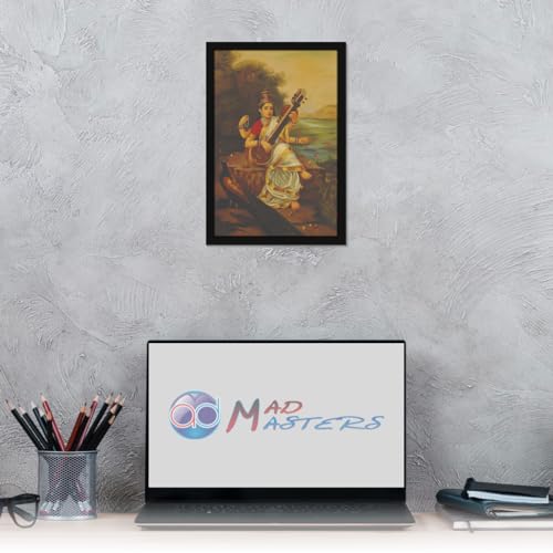 Image of Mad Masters Mata Saraswati Devi Goddess of Knowledge Painting Photo Frame for Living Room, Bedroom, Home Decor and Wall Decoration (MM 1630, 30.5L x 20.3W cm, Canvas, With Plexi Glass)