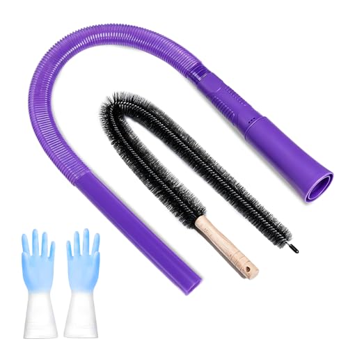 Image of 3 Pieces Dryer Vent Cleaner Kit: Vacuum Hose With Brush & Gloves Fits for Vacuums Cleaner, Refrigerator Condenser Coils, Tight Spaces Behind Appliances, Deep Cleaning Tools for Clogged Ducts- Purple