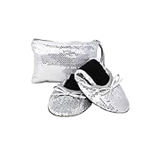 Silky Toes Women’s Foldable Ballet Flats – Portable Roll-Up Slippers for Purse, Travel, or Events – Comfortable Ballerina Shoes (Silver Sequins, XL)