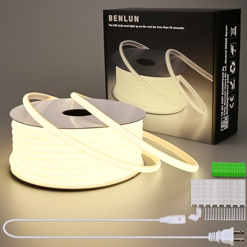 Image of BENLUN AC 110V COB LED Strip Lights 98.4ft, 4000K Natural White LED Rope Light Outdoor Waterproof, 10W /M CRI 90+ Flexible Cuttable, for Bedroom, Living Room, Garden, Commercial, House