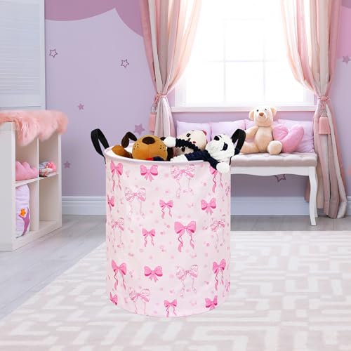 Image of Pink Bowknot Kids Laundry Hamper Clothes Gift Basket Storage Laundry Baskets Organizer Bin with Handles for Nursery Room
