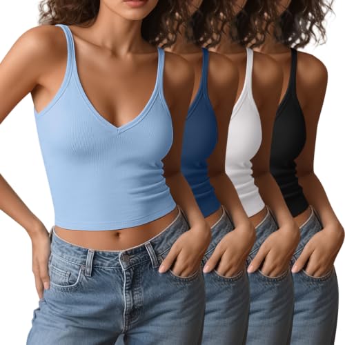 Image of 4 Pieces V Neck Tank Tops for Women Spaghetti Strap Crop Top Cotton Basic Fitted Summer Cami Shirts