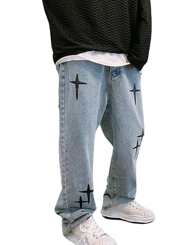 BAIMORE Men's Hip Hop Street Baggy Mid Waist Embroidery Cross Straight Wide Leg Loose Jeans