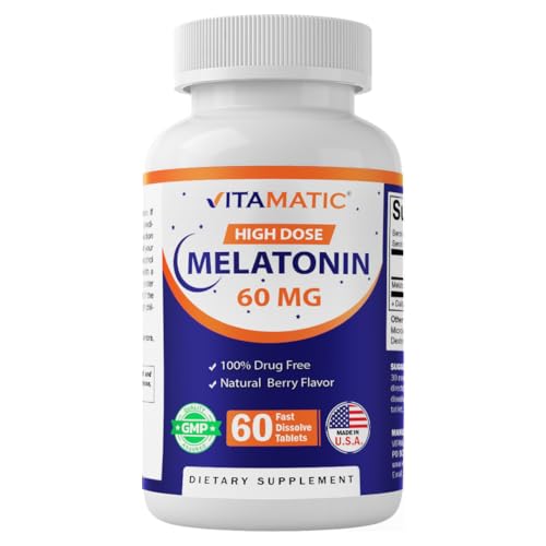 Vitamatic Melatonin 60 mg Fast Dissolve Tablets - 60 Vegan Natural Berry Flavor Tablets - Non-Habit Forming - Non-GMO, Gluten Free (1 Bottle)