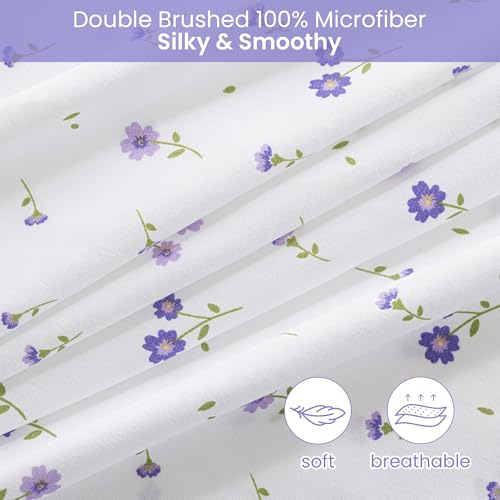 Image of Softan Purple Floral King Bed Sheet Set, Cozy Microfiber Patterned Fitted Sheets with 15 inch Deep Pocket & Non-Slip Straps, Cute Purple Flower Printed Sheets & Pillowcase Set King