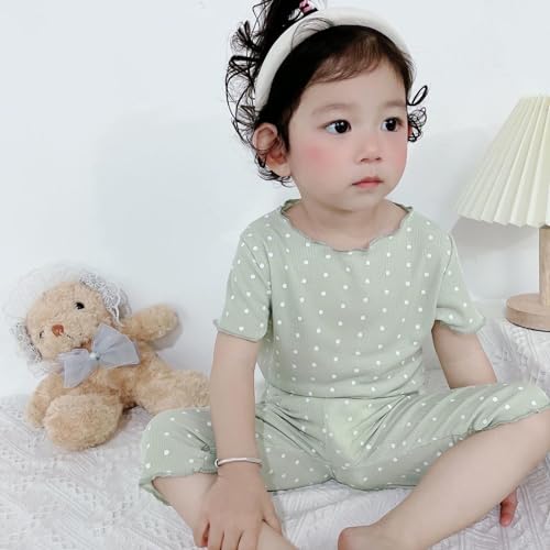 Girls Cotton 𝐏ajamas Set Polka Dot 𝐏ajamas Short Sleeve Ruffle Ribbed Knit Sl𝐞epwear Kids Ruffled Edge​ Loung𝐞wear3