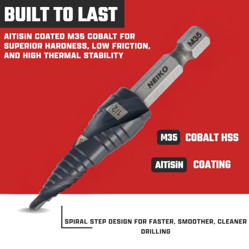 Image of NEIKO 10617B Step Drill Bit, 2 Steps 3 /8 inch to 1 /2 inch Spiral M35 Cobalt, AlTiSiN Coated, 1 /4 inch Quick Change Step Bits for Steel, Metal, Wood, Plastic, Unibit Cone Drill Bits, Two Flute