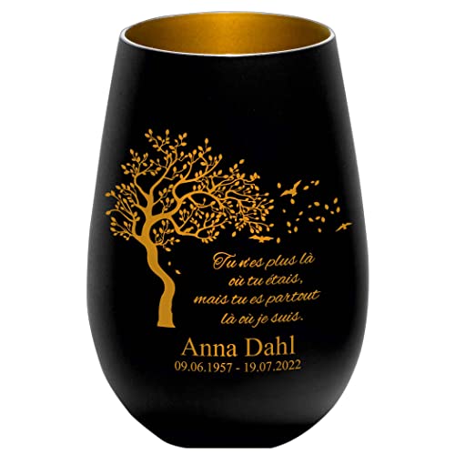 Photophore en Verre personnalisé - nom et Date funéraire - Lumière de deuil - présent funéraire – Noir/Or - Tu n'es Plus là où tu étais, mais tu ES Partout là où Je suis.