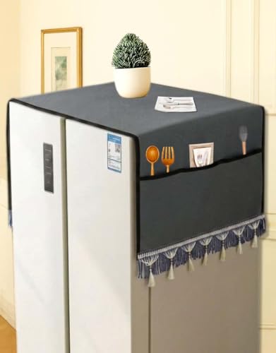 Image of Refrigerator Double Door Waterproof, Dustproof, Protective Cover for Fridges with Extra Storage Space Nylon Top Cover with 6 Storage Pockets (170 x 65 cm) (Grey Lace)