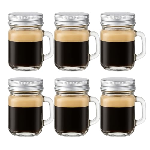 Image of STORE 2508 Mini Glass Mason Jars with Handles, 40ml, Pack of 6 | Six 40 ml glass jars include handles and metal lids for espresso shots, wellness shots, spices, crafts and party favours.