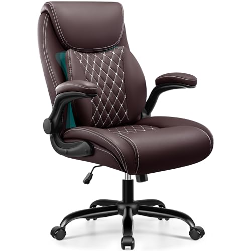 Image of BESTFAIR Office Chair, Executive Computer Desk Chair with Lumbar Support for Lower Back Pain Relief, Ergonomic Leather Home Chair Comfy with Padded Flip-up Arms and Adjustable Armrests, Coffee
